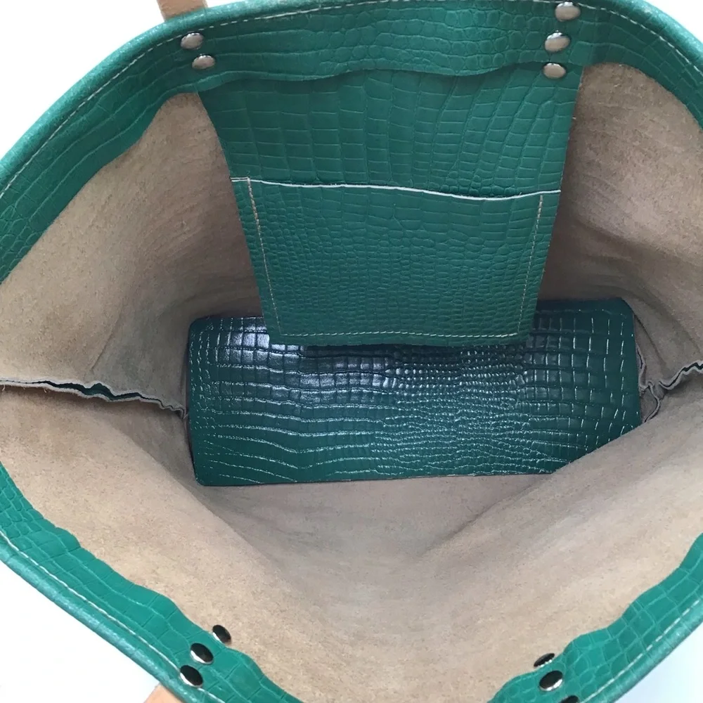 Handmade Tote Bag croc embossed green tan leather large handbag New